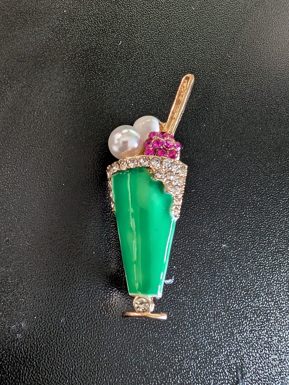 Green Enamel and Crystal Drink Pendant Brooch - Women Jewelry